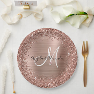 Rose Gold Glitter and Foil Wedding Monogram Paper Plates