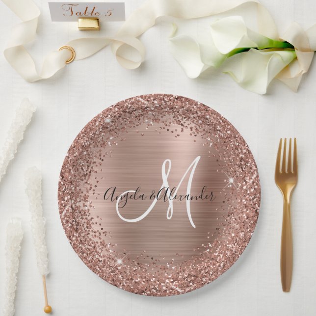 Rose Gold Glitter and Foil Wedding Monogram Paper Plates (Wedding)