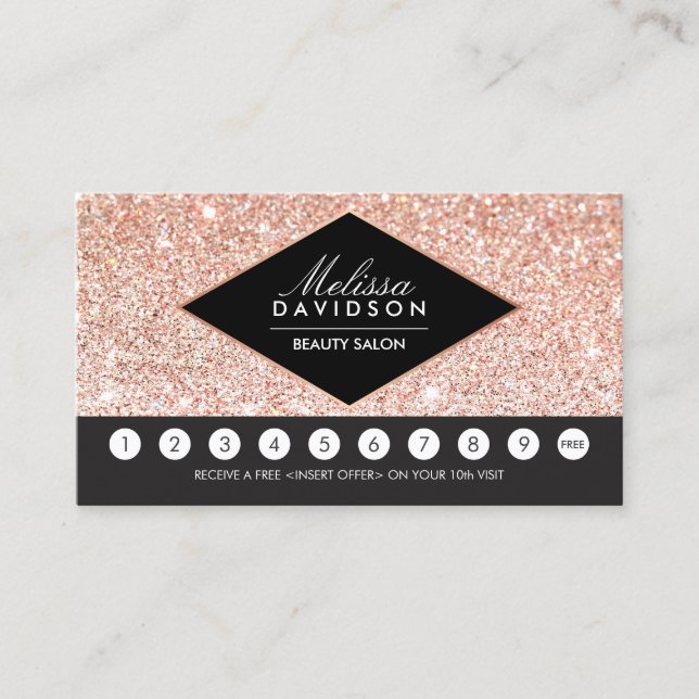 Rose Gold Glitter and Glamour Salon Loyalty Card (Front)