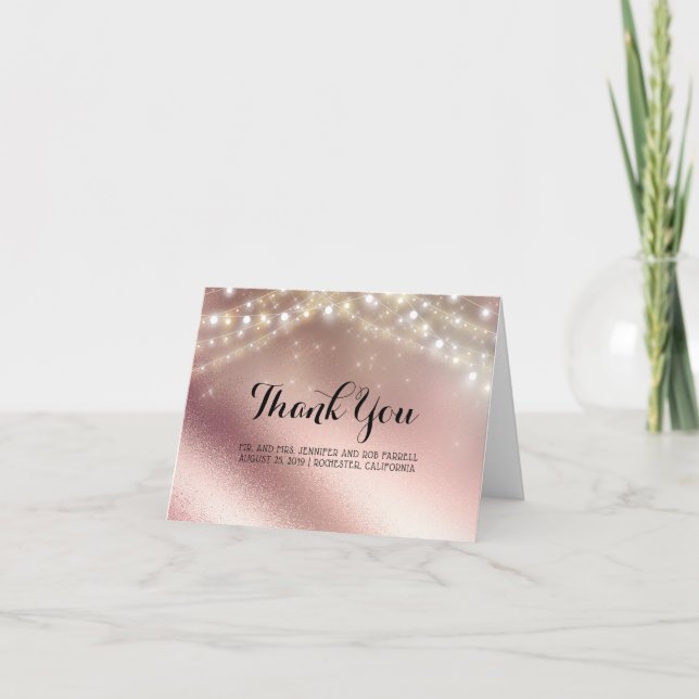 Rose Gold Glitter and Lights Wedding Thank You Card (Front)