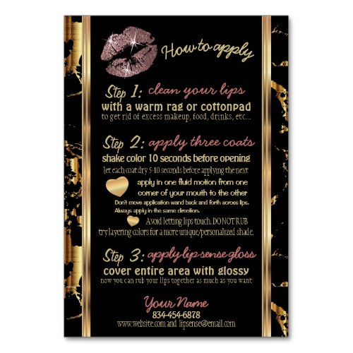 Rose Gold Glitter and Marble Lip Instructions Table Number