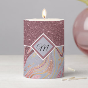 Rose gold glitter and marble monogram pillar cand candle