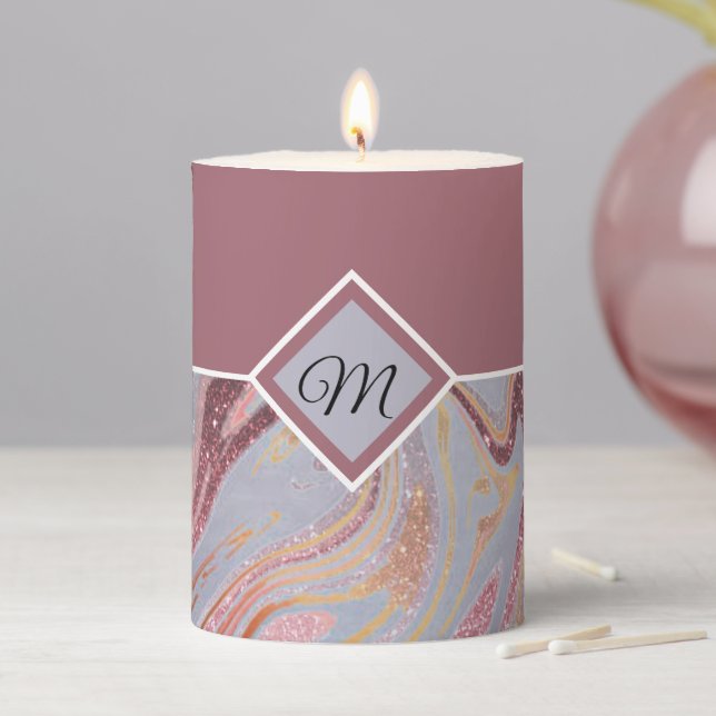 Rose gold glitter and marble monogram  pillar cand candle (In Situ)