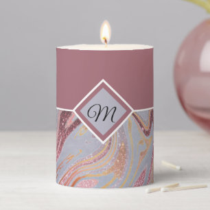 Rose gold glitter and marble monogram  pillar cand pillar candle