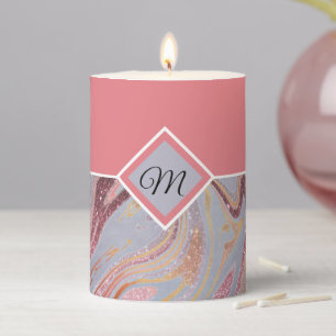 Rose gold glitter and marble monogram pillar candle