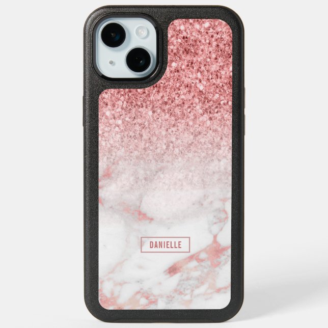 Rose-gold glitter and marble ombre iPhone 15 plus case (Back)