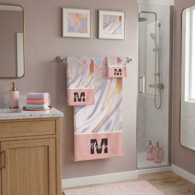 Rose gold glitter and marble personalized bath towel set (Creator Uploaded)