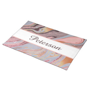 Rose gold glitter and marble personalized cloth placemat