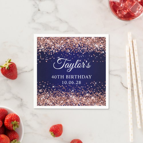 Rose Gold Glitter and Navy Blue 40th Birthday Napkins