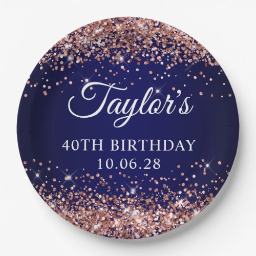 Rose Gold Glitter and Navy Blue 40th Birthday Paper Plates