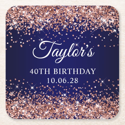 Rose Gold Glitter and Navy Blue 40th Birthday Square Paper Coaster