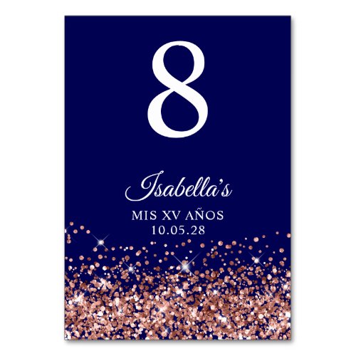 Rose Gold Glitter and Navy Blue Mis XV Anos Table Number