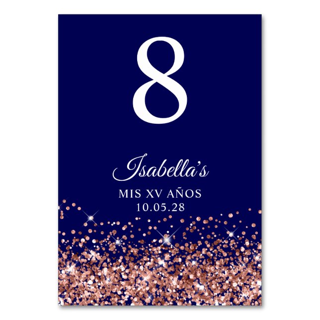 Rose Gold Glitter and Navy Blue Mis XV Anos Table Number (Front)