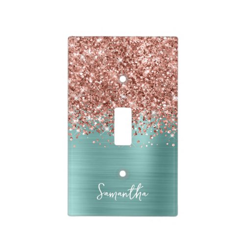 Rose Gold Glitter and Pale Turquoise Glam Light Switch Cover