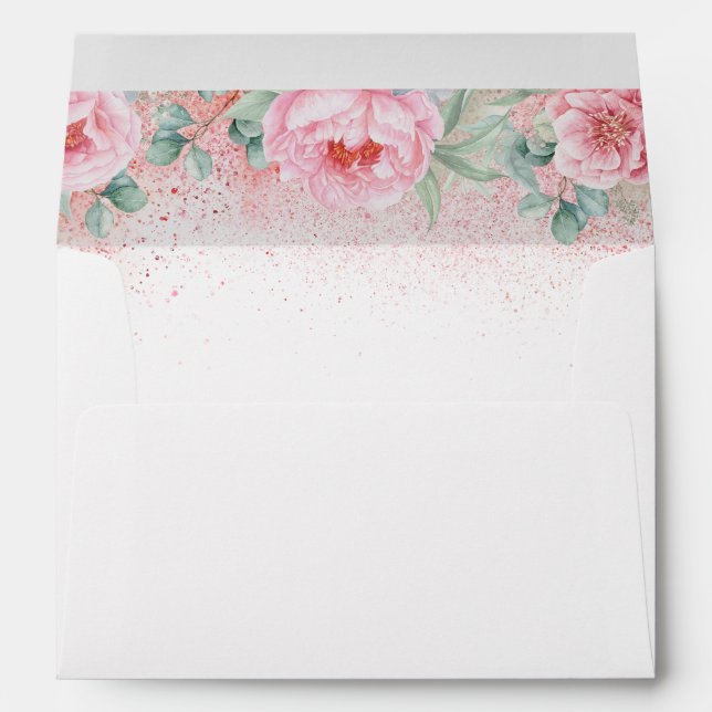 Rose Gold Glitter and Pink Flowers Elegant Envelope (Back (Bottom))