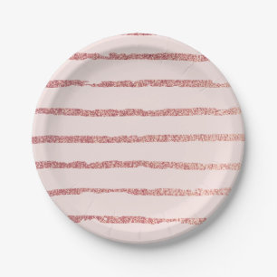 Rose Gold Glitter and Pink Modern Lines Pattern Paper Plates