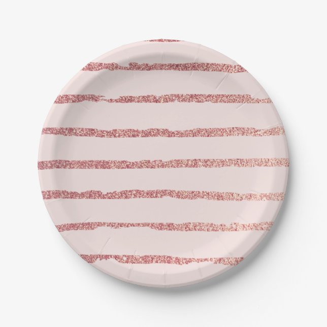 Rose Gold Glitter and Pink Modern Lines Pattern Paper Plates (Front)