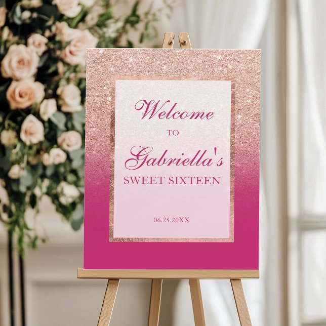 Rose Gold Glitter and Pink Ombre Sweet 16 Welcome Foam Board (Rose Gold Glitter and Pink Ombre Sweet 16 Welcome Foam Board)