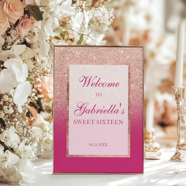 Rose Gold Glitter and Pink Ombre Sweet 16 Welcome Poster (Rose Gold Glitter and Pink Ombre Sweet 16 Welcome Poster)