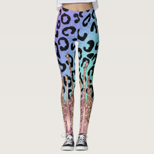 Rose Gold Glitter and Rainbow Leopard Print Yoga Leggings