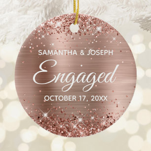Rose Gold Glitter and Shiny Foil Engaged Ceramic Ornament