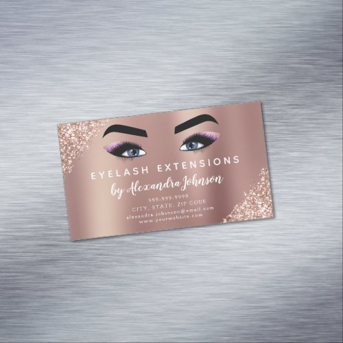 Rose Gold Glitter and Sparkle Eyelash Extension Business Card Magnet