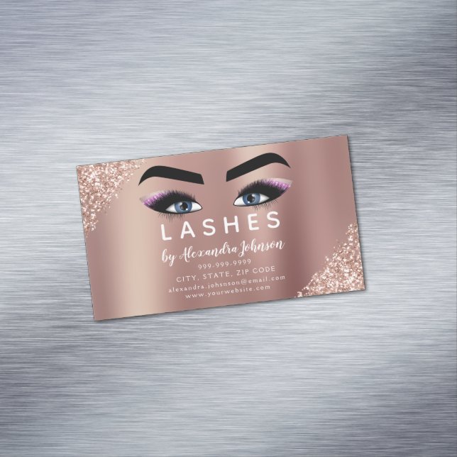 Rose Gold Glitter and Sparkle Eyelash Extension Business Card Magnet (In Situ)