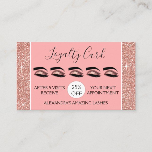 Rose Gold Glitter and Sparkle Lashes Loyalty Card (Front)