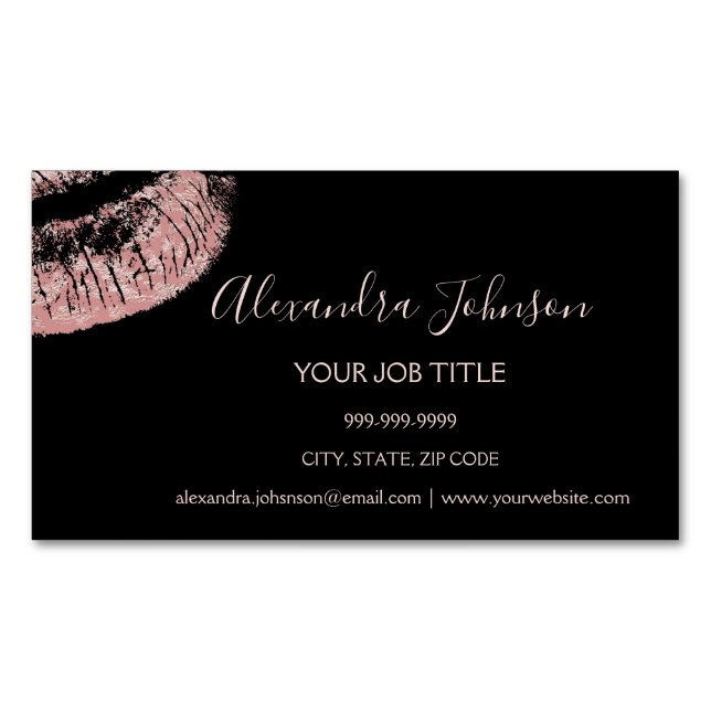 Rose Gold Glitter and Sparkle Lipstick Makeup Business Card Magnet (Front)