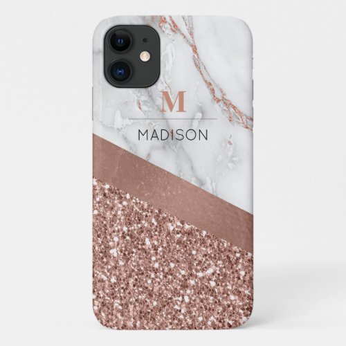 Rose Gold Glitter and Sparkle Marble Monogram iPhone 11 Case