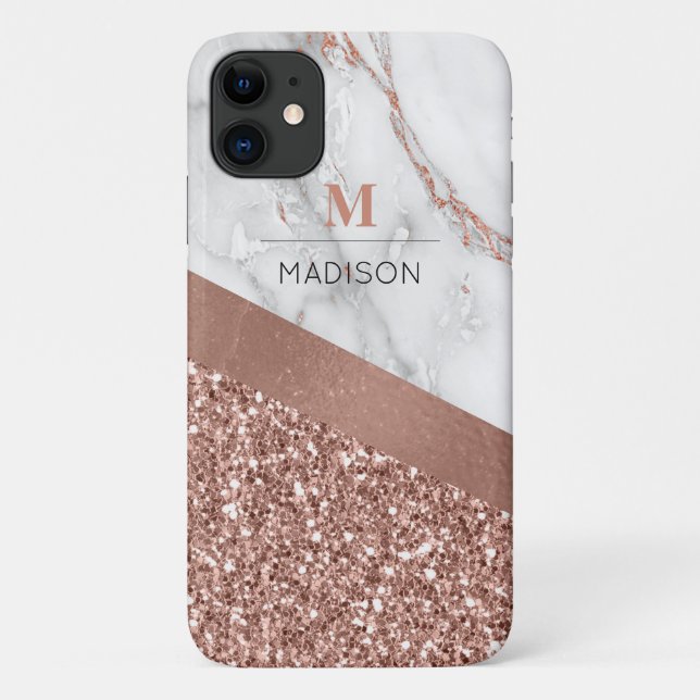 Rose Gold Glitter and Sparkle Marble Monogram Case-Mate iPhone Case (Back)