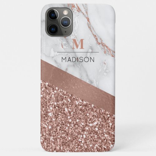 Rose Gold Glitter and Sparkle Marble Monogram iPhone 11 Pro Max Case