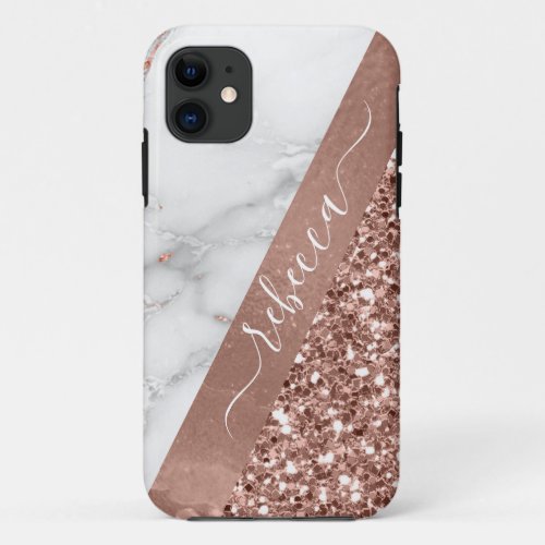 Rose Gold Glitter and Sparkle Marble Monogram  iPhone 11 Case