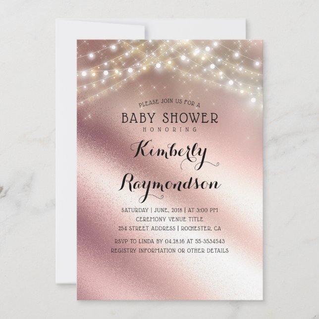 Rose Gold Glitter and Sring Lights Baby Shower Invitation (Front)