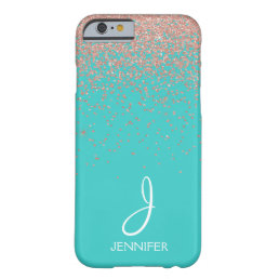 Rose Gold Glitter and Teal Monogram Barely There iPhone 6 Case