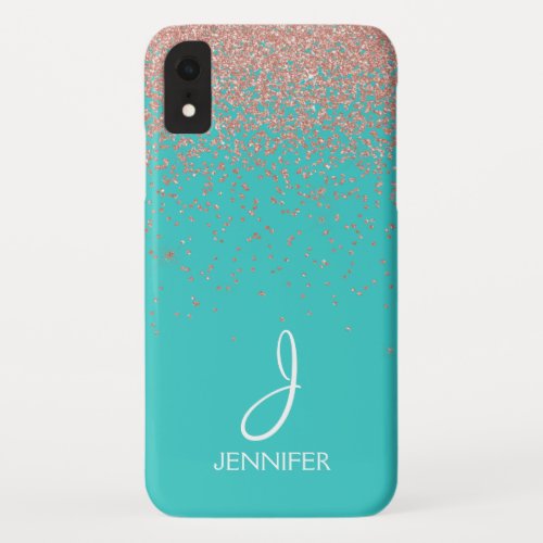 Rose Gold Glitter and Teal Monogram iPhone XR Case