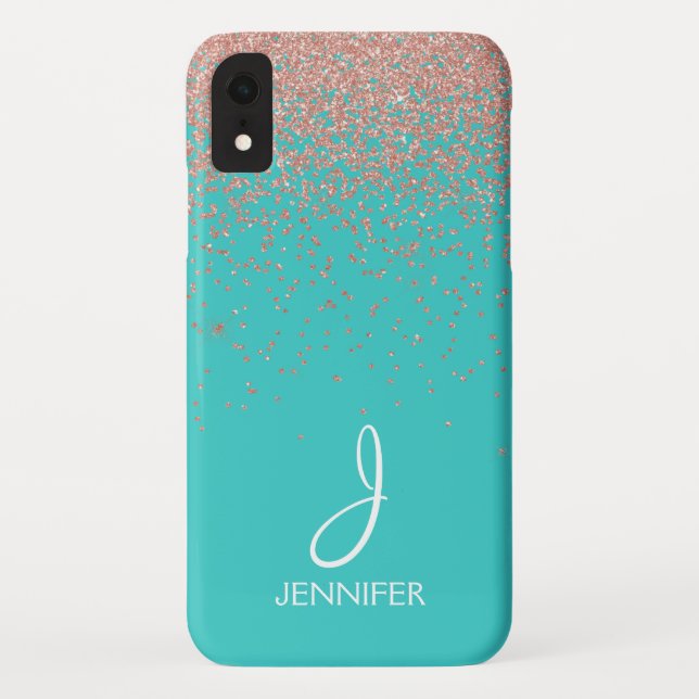 Rose Gold Glitter and Teal Monogram Case-Mate iPhone Case (Back)