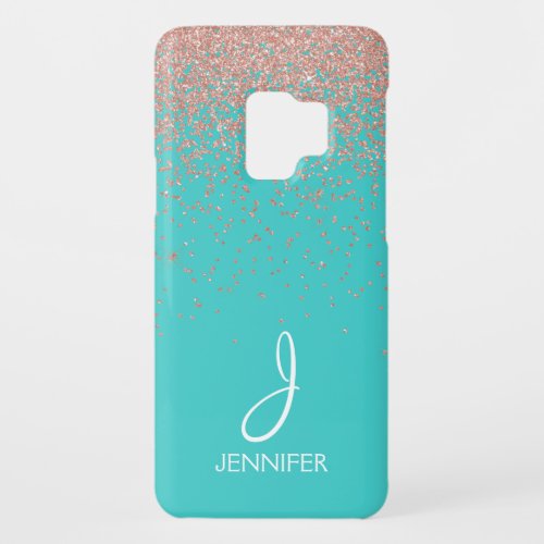 Rose Gold Glitter and Teal Monogram Case_Mate Samsung Galaxy S9 Case