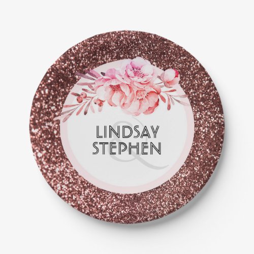 Rose Gold Glitter and Vintage Flowers Wedding Paper Plates