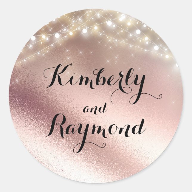 Rose Gold Glitter and Wedding Lights Classic Round Sticker (Front)
