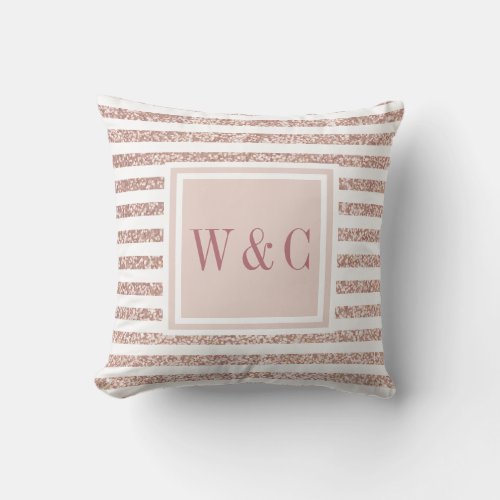 Rose Gold Glitter and White Stripe Monogram Throw Pillow