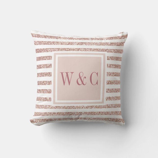 Rose Gold Glitter and White Stripe Monogram Throw Pillow (Front)