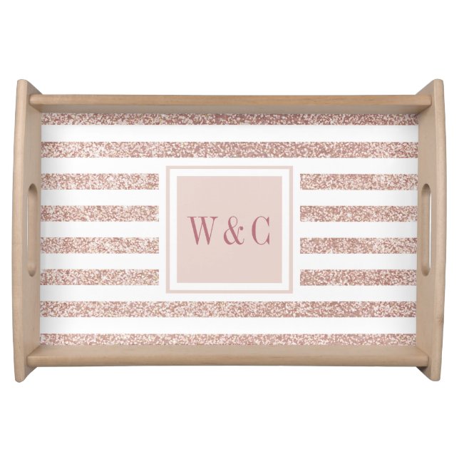 Rose Gold Glitter and White Striped Monogram Serving Tray (Front)