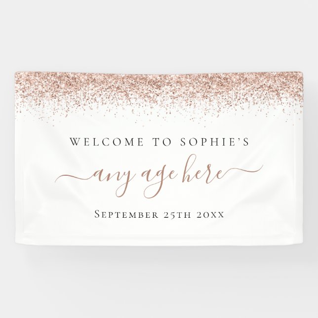 Rose Gold Glitter Any Age Birthday Name Welcome Banner (Horizontal)