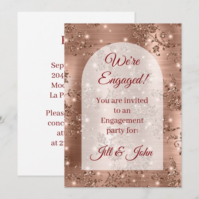 Rose Gold Glitter Arch Floral Engagement  Invitation (Front/Back)