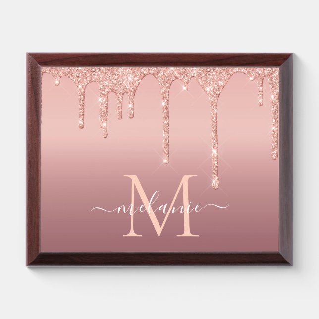 Rose Gold Glitter Award Plaque Custom Name Letter (Horizontal)
