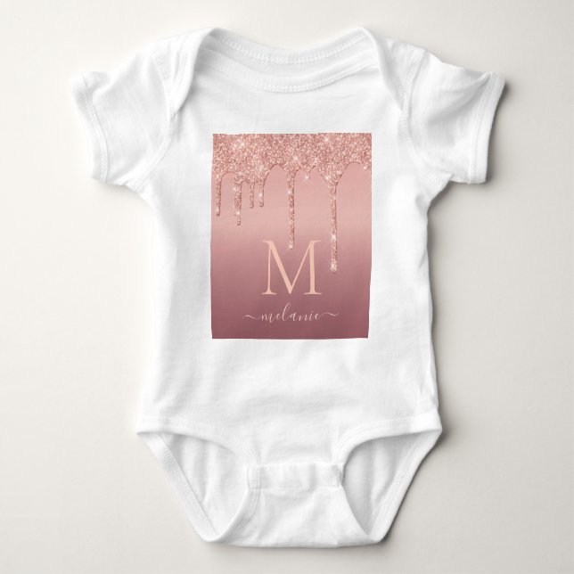 Rose Gold Glitter Baby Bodysuit Custom Text Letter (Front)
