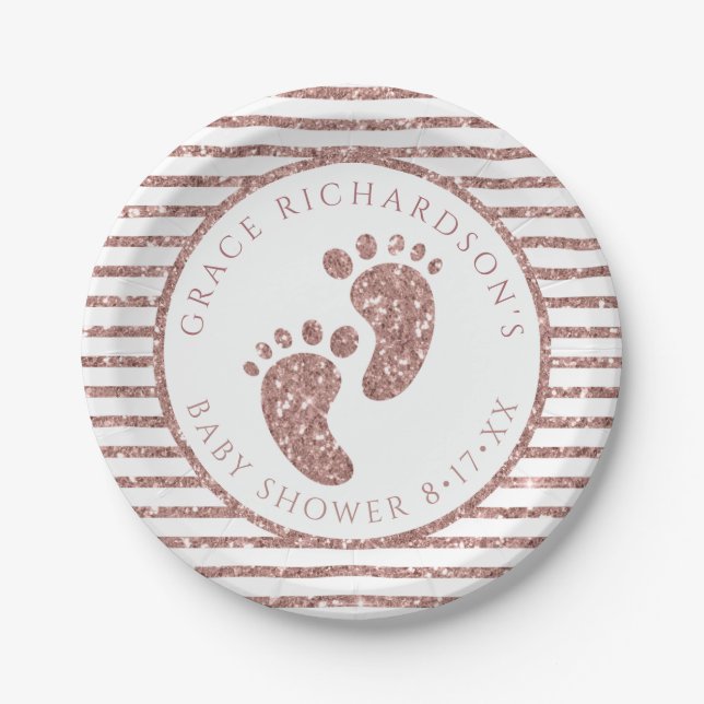 Rose Gold Glitter Baby Feet Baby Shower Personaliz Paper Plates (Front)