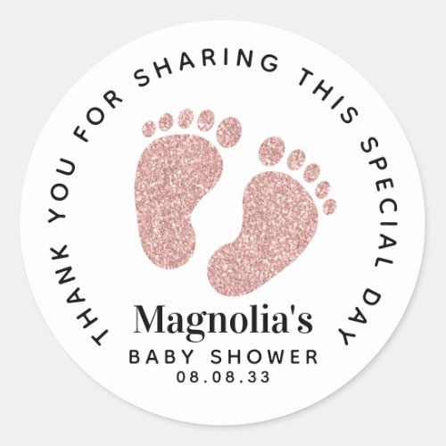 Rose Gold Glitter Baby Feet Baby Shower Thank You Classic Round Sticker