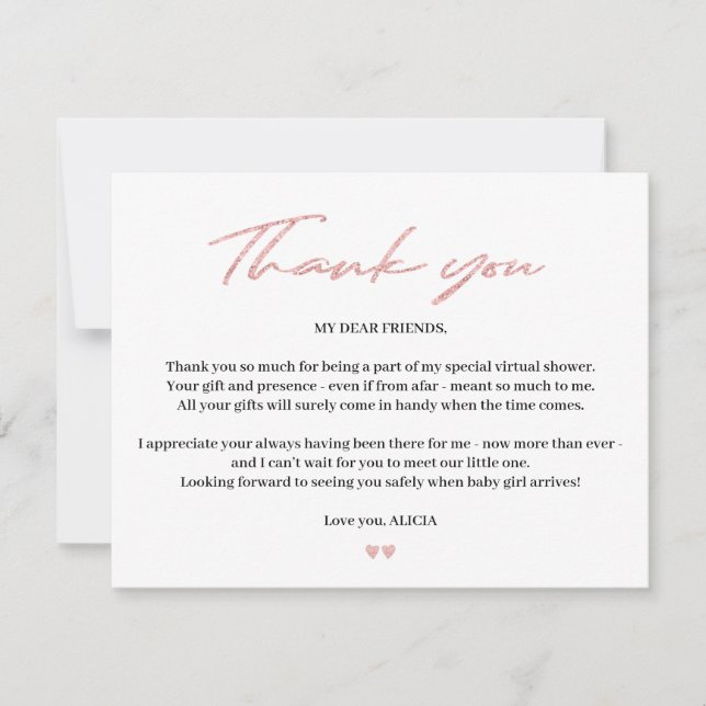 Rose gold glitter baby virtual shower thank you card (Front)